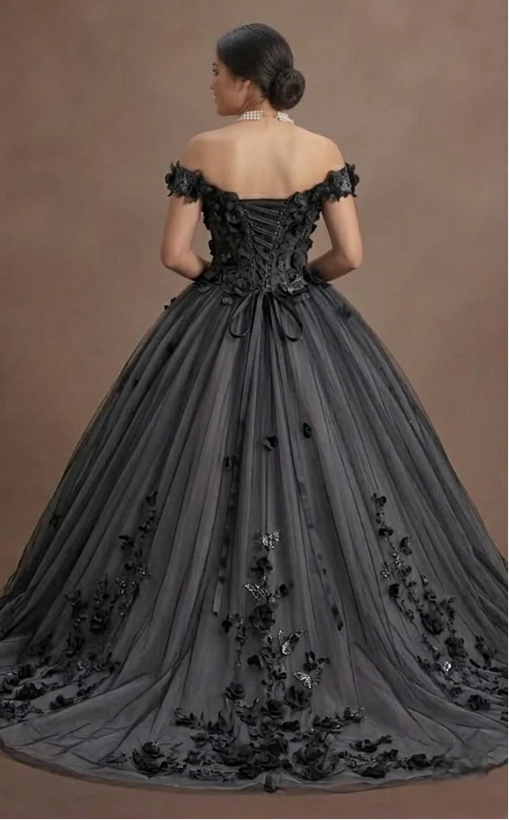 Gothic Prom Dress Black Tulle Off Shoulder Fairytale Night - Image 3
