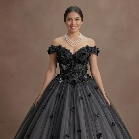 Gothic Prom Dress Black Tulle Off Shoulder Fairytale Night - Image 4