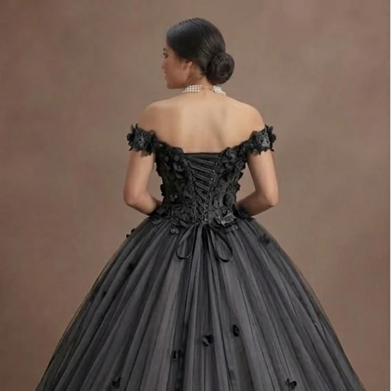 Gothic Prom Dress Black Tulle Off Shoulder Fairytale Night - Image 5