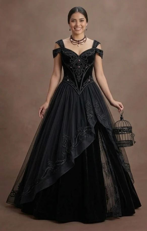 Gothic Prom Dress Black Velvet A-Line Formal Night - Image 2