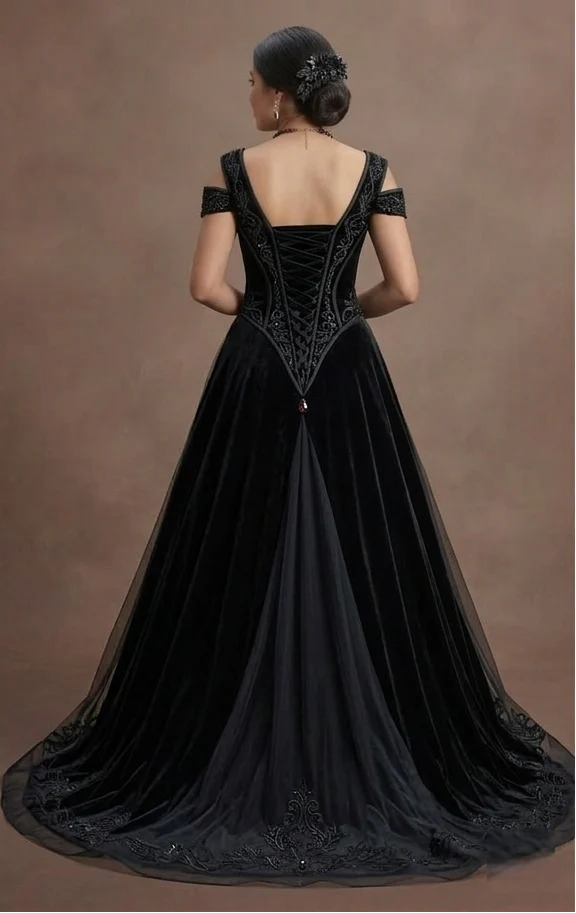 Gothic Prom Dress Black Velvet A-Line Formal Night - Image 3