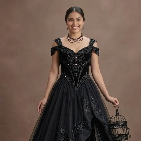 Gothic Prom Dress Black Velvet A-Line Formal Night - Image 4