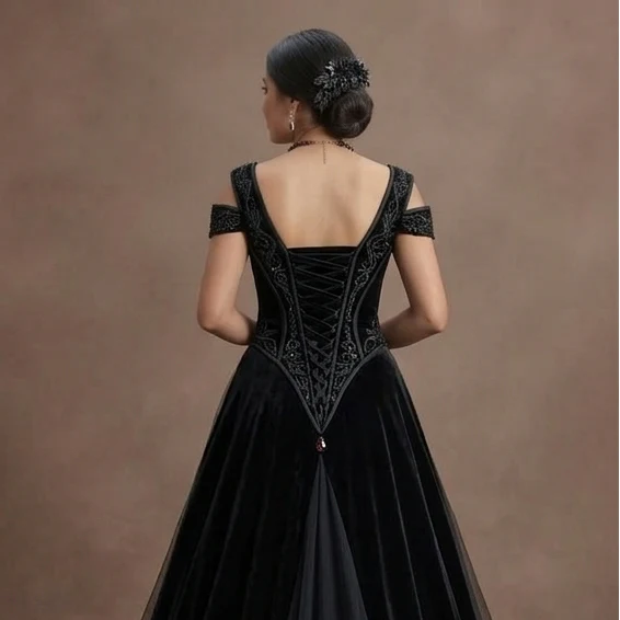 Gothic Prom Dress Black Velvet A-Line Formal Night - Image 5