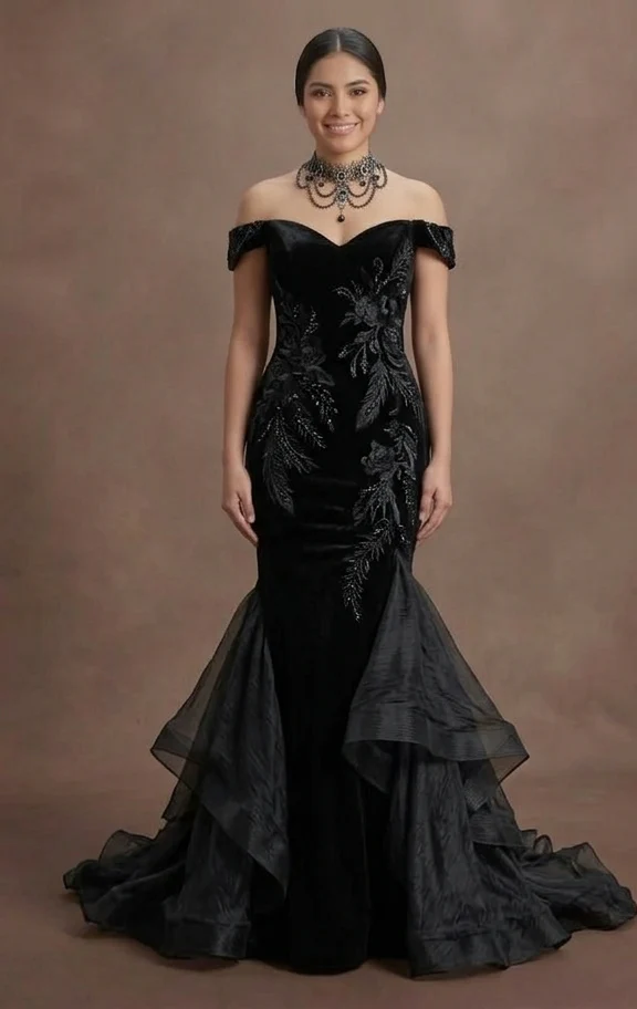 Gothic Prom Dress Black Velvet Fitted Gothic Evening - Image 2