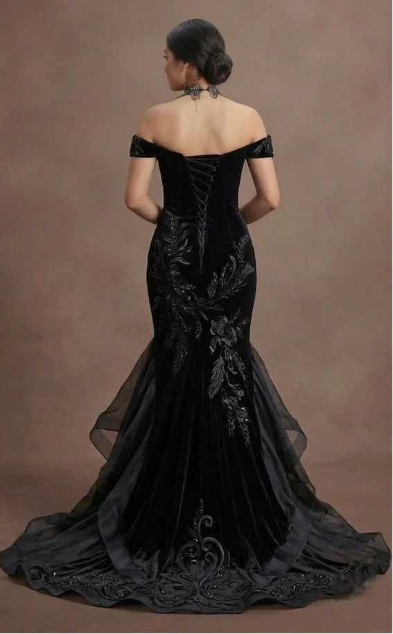 Gothic Prom Dress Black Velvet Fitted Gothic Evening - Image 3