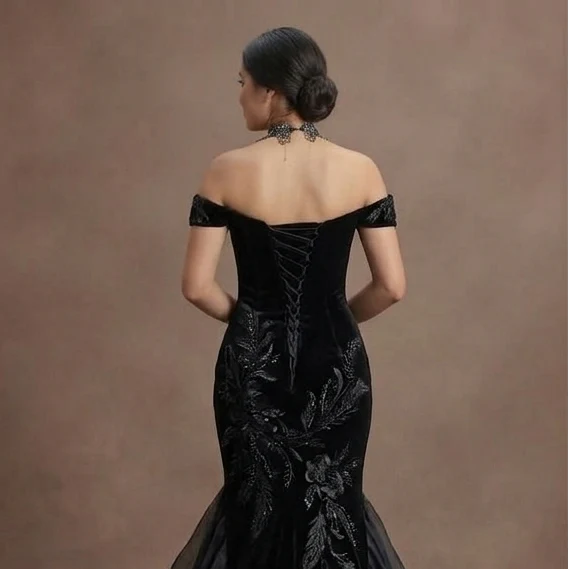 Gothic Prom Dress Black Velvet Fitted Gothic Evening - Image 5