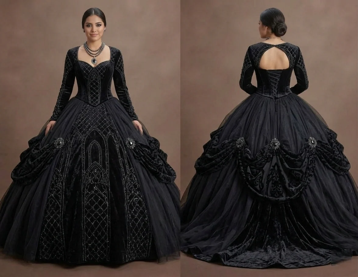 Gothic Prom Dress Black Velvet Long Sleeve Dark Royal Prom