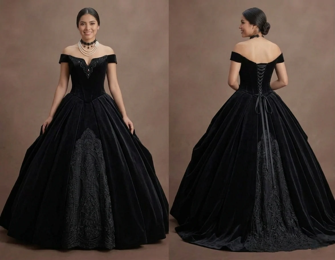 Gothic Prom Dress Black Velvet Off Shoulder Elegant Prom
