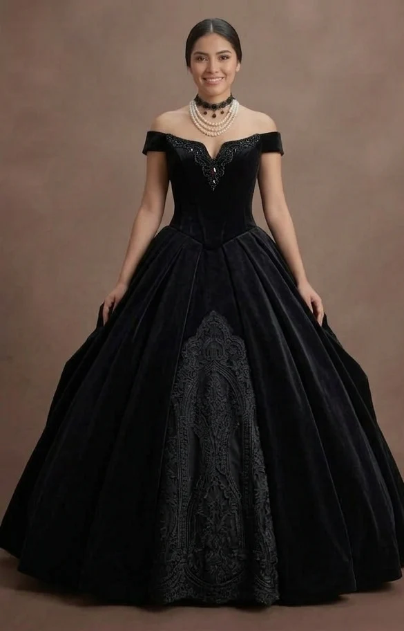 Gothic Prom Dress Black Velvet Off Shoulder Elegant Prom - Image 2