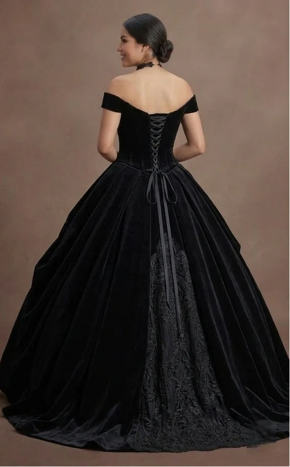 Gothic Prom Dress Black Velvet Off Shoulder Elegant Prom - Image 3