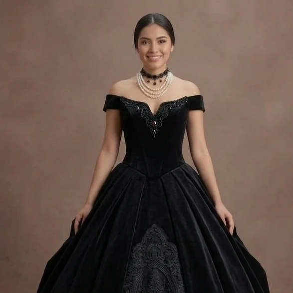 Gothic Prom Dress Black Velvet Off Shoulder Elegant Prom - Image 4