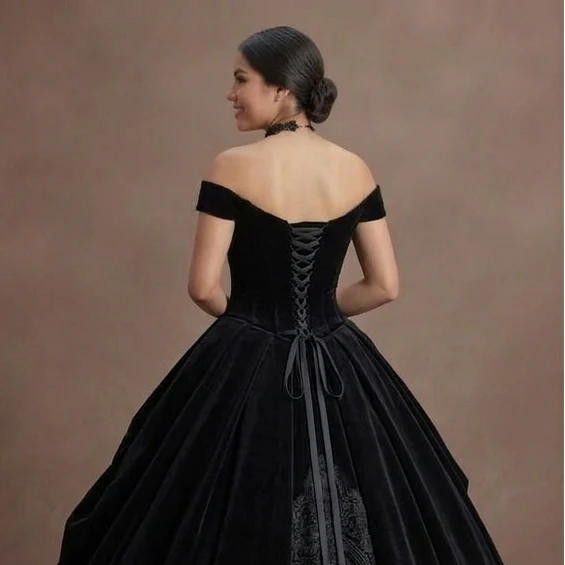 Gothic Prom Dress Black Velvet Off Shoulder Elegant Prom - Image 5