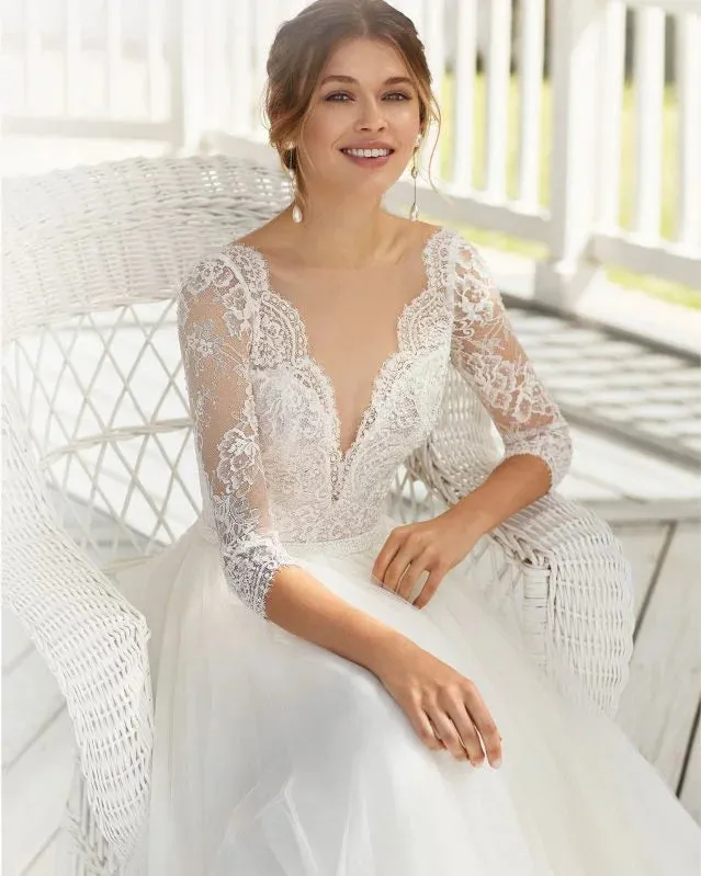 Graceful A-Line Wedding Gown with Long Sleeves, Elegant V-Neckline, and Exquisite Lace Detailing for a Timeless and Romantic Bridal Look - Image 3