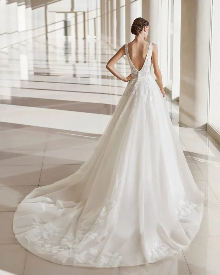 Graceful A-Line Wedding Gown with Spaghetti Straps, Elegant V-Neckline, and a Flattering Natural Waist for a Romantic and Timeless Bridal Look - Image 2