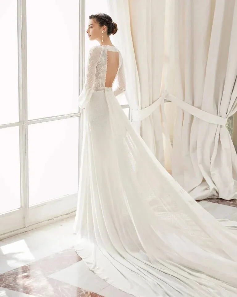 Graceful Sheath Wedding Gown with Exquisite Lace Detailing, Elegant Long Sleeves, and a Flattering V-Neckline for a Timeless and Sophisticated Bridal Look - Image 2