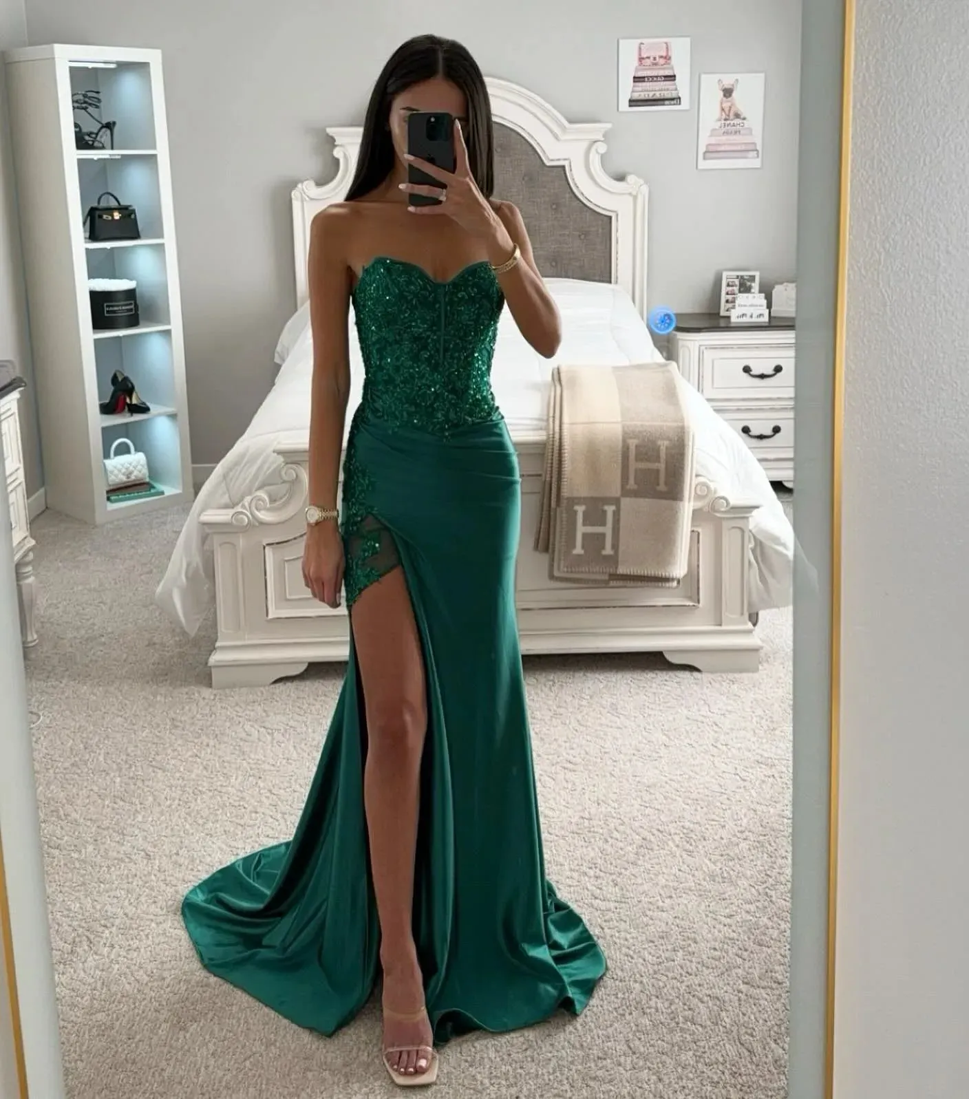 Green Beaded Glitter Prom Dress Elegant Sleeveless Mermaid SatinVestidos De Noche Sexy Side Split Graduation Ball Dress - Image 3