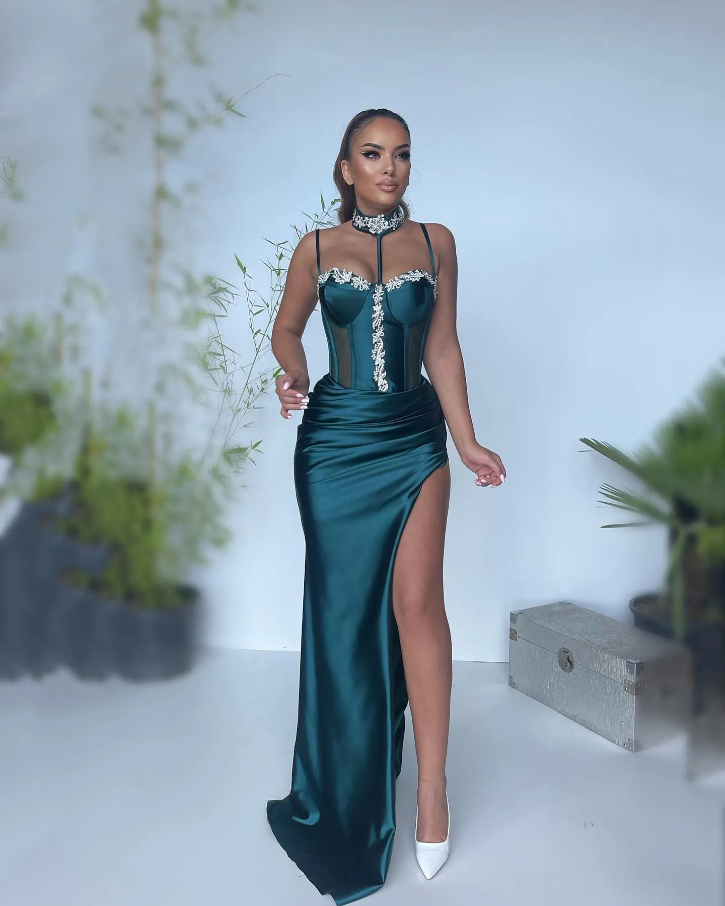 Green Crystal Floral Pin Prom Dresses Mermaid Side High Split Evening Dress Satin Backless Floor-Length vestidos de fiesta - Image 3