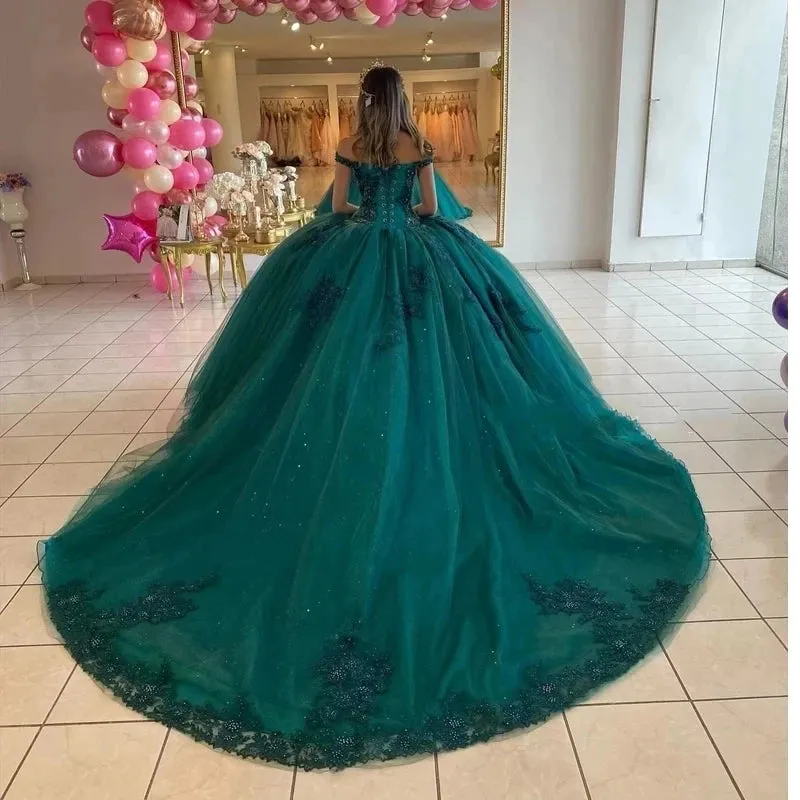 Green Luxury Quinceanera Dresses Off Shoulder 3D Flower Lace Formal Birthday Party Ball Gown Vestidos de 15 años - Image 3