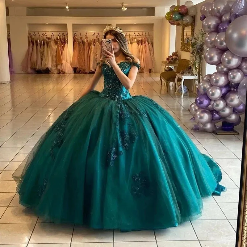 Green Luxury Quinceanera Dresses Off Shoulder 3D Flower Lace Formal Birthday Party Ball Gown Vestidos de 15 años - Image 4