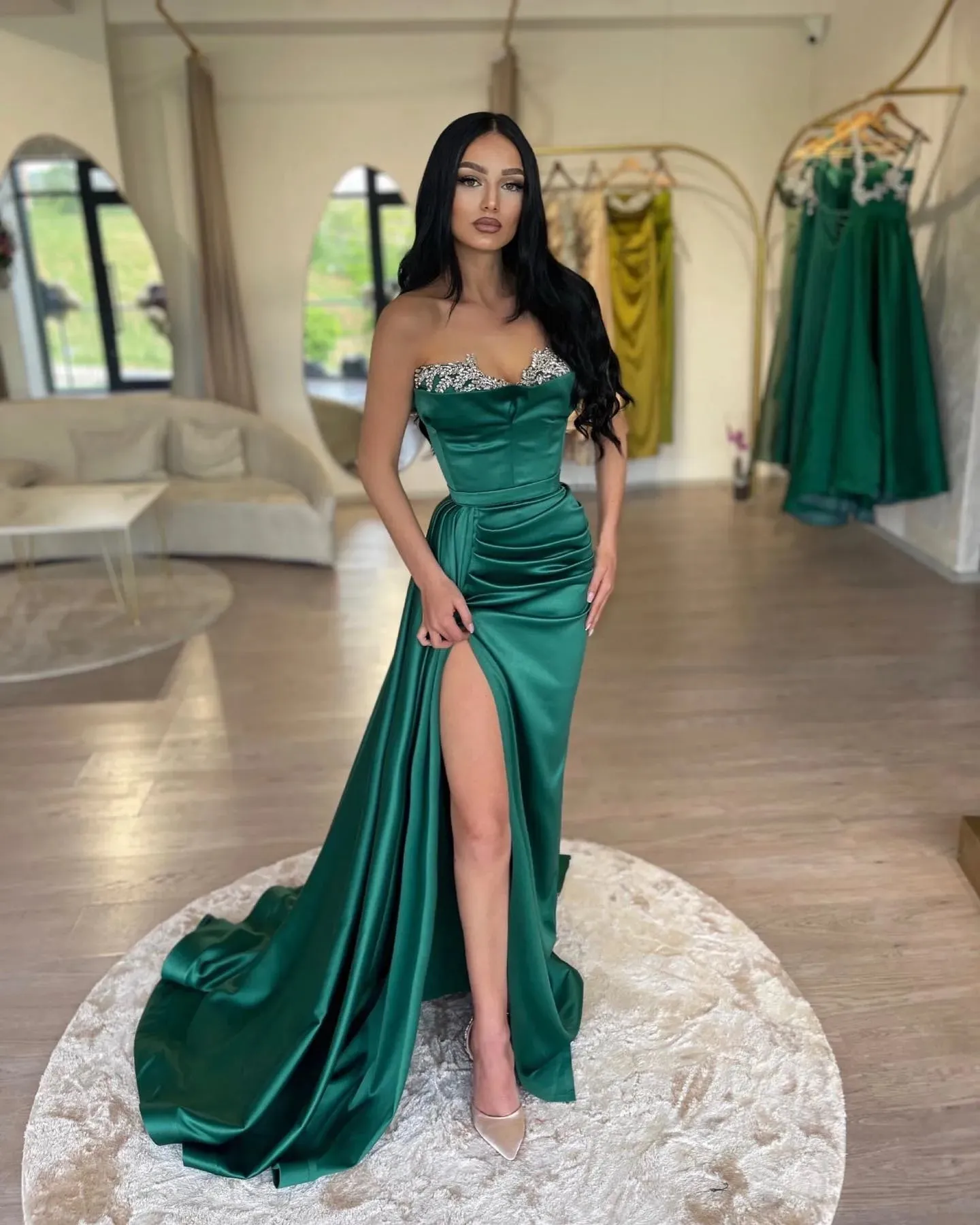 Green Satin robes de soirée Mermaid Prom Dresses Elegant Sleeveless Floor-Length Sexy Side High Split Wedding Dress - Image 3