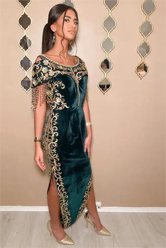 Green Traditional Algerian Dress Mermaid Scoop Neck Lace Appliques Tassel Side Slit Ankle Length Formal Prom Gowns - Image 3