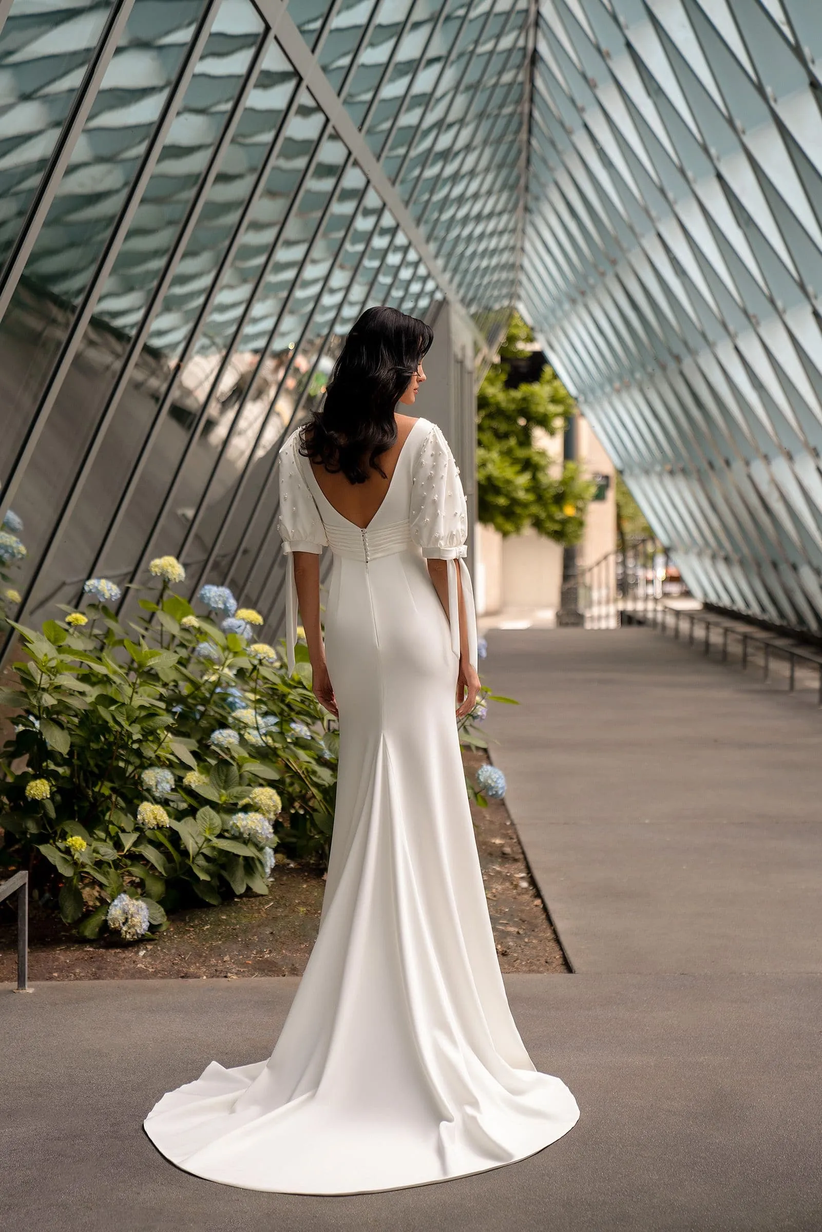 Half Sleeves Reception Wedding Dress for Women, Sheath Long Satin Bride Dresses Customized V Neck Court Train Bridal Gown - Image 2
