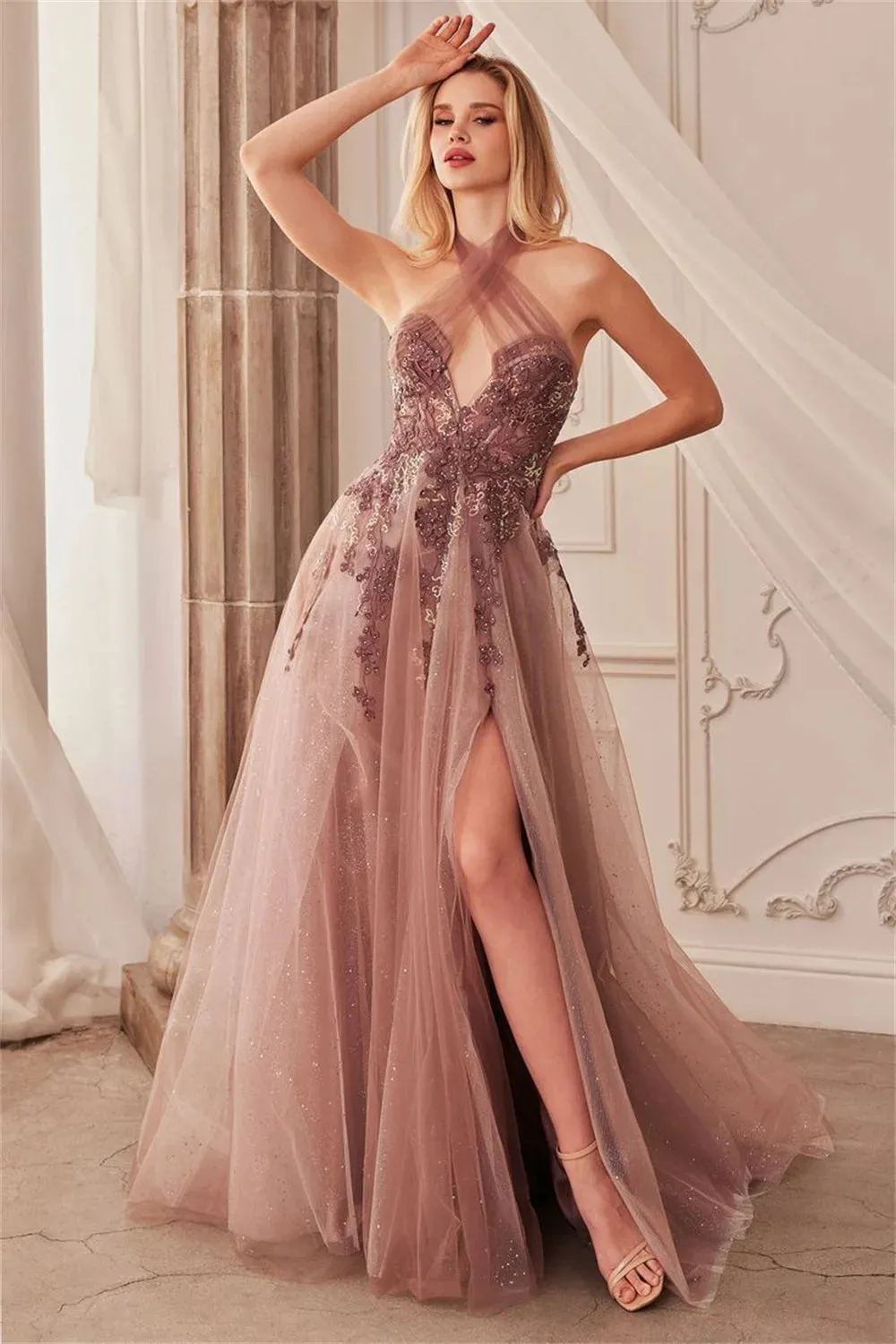 Halter Neck Lace Embroidery Tulle Vestidos De Noche Elegant Sleeveless Illusion Side Split Prom Dresses - Image 5