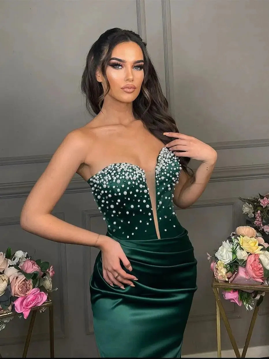 Handmade Pearl Satin Robes De Soirée Sexy Dark Green Mermaid Prom Dresses Elegant Strapless Floor-length Wedding Dress - Image 3