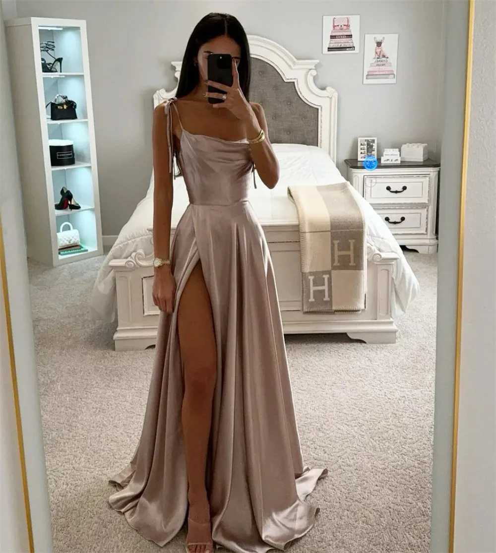 Heart Shaped Neck Satin Prom Dress Elegant Spaghetti Strap A-line Vestidos De Noche Sexy Side Split Graduation Ball Dress - Image 5