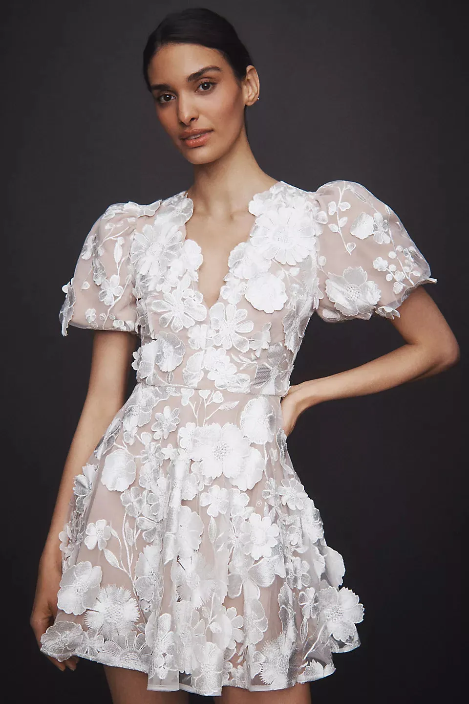 Serene Short-Sleeve V-Neck 3D Floral Lace Mini Dress - Image 3