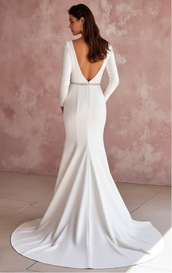 Long Sheath Wedding Dress Silk Satin V-Back Destination Wear - Image 3