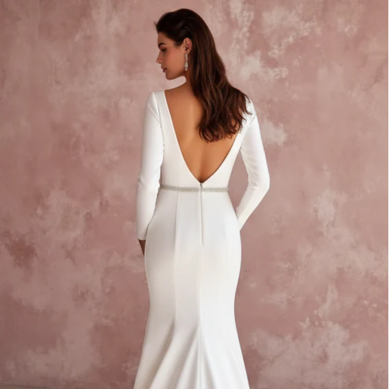 Long Sheath Wedding Dress Silk Satin V-Back Destination Wear - Image 5