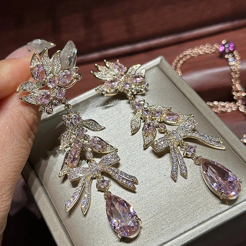 High Quality AAA Zircon Bridal Earrings Pink CZ Zirconia Wedding Earring For Women Brides Accessories Dinner Party Dress Jewelry - Image 2