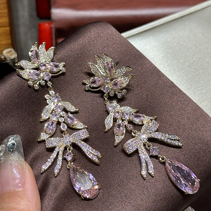 High Quality AAA Zircon Bridal Earrings Pink CZ Zirconia Wedding Earring For Women Brides Accessories Dinner Party Dress Jewelry - Image 3