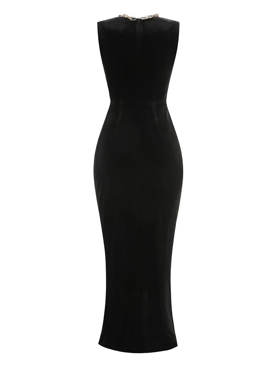 Black Color Women Sexy Sleeveless O-Neck Velvet Bodycon Long Maxi Dress Elegant Evening Party Cocktail Dress - Image 6