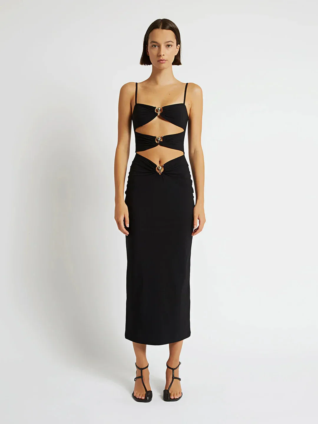 Black Color Women Sleeveless Sexy Strap Fashion Holes Bodycon Mid-calf Dress Bandage Birthday Party Celebrate Dress - Image 2