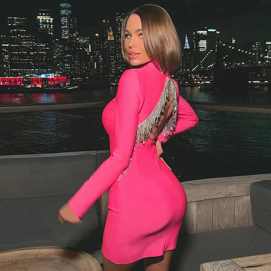 Black Women Bandage Dress High Neck Long Sleeve Sexy Halter Beaded Tassel Dress Bodycon Dress Club Party Dresses - Image 10