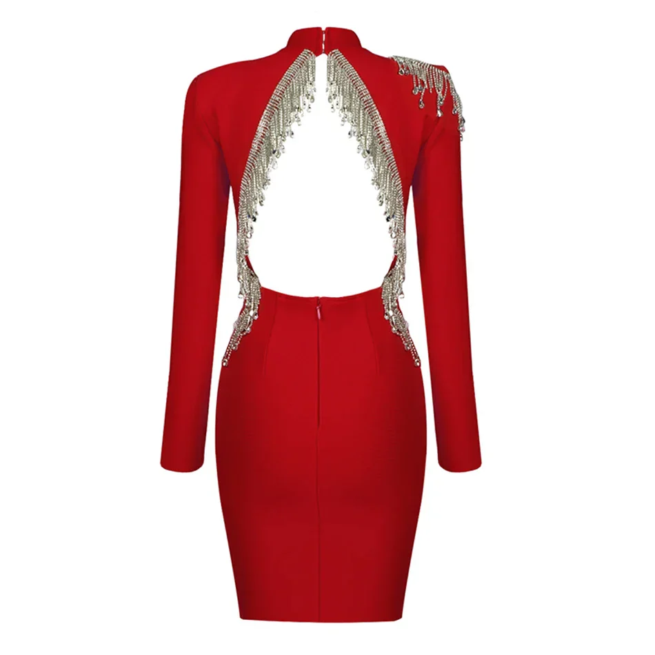 Black Women Bandage Dress High Neck Long Sleeve Sexy Halter Beaded Tassel Dress Bodycon Dress Club Party Dresses - Image 3