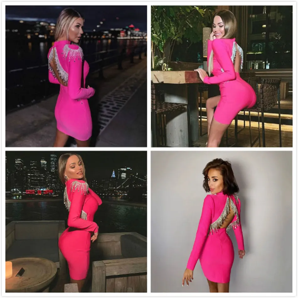 Black Women Bandage Dress High Neck Long Sleeve Sexy Halter Beaded Tassel Dress Bodycon Dress Club Party Dresses - Image 8