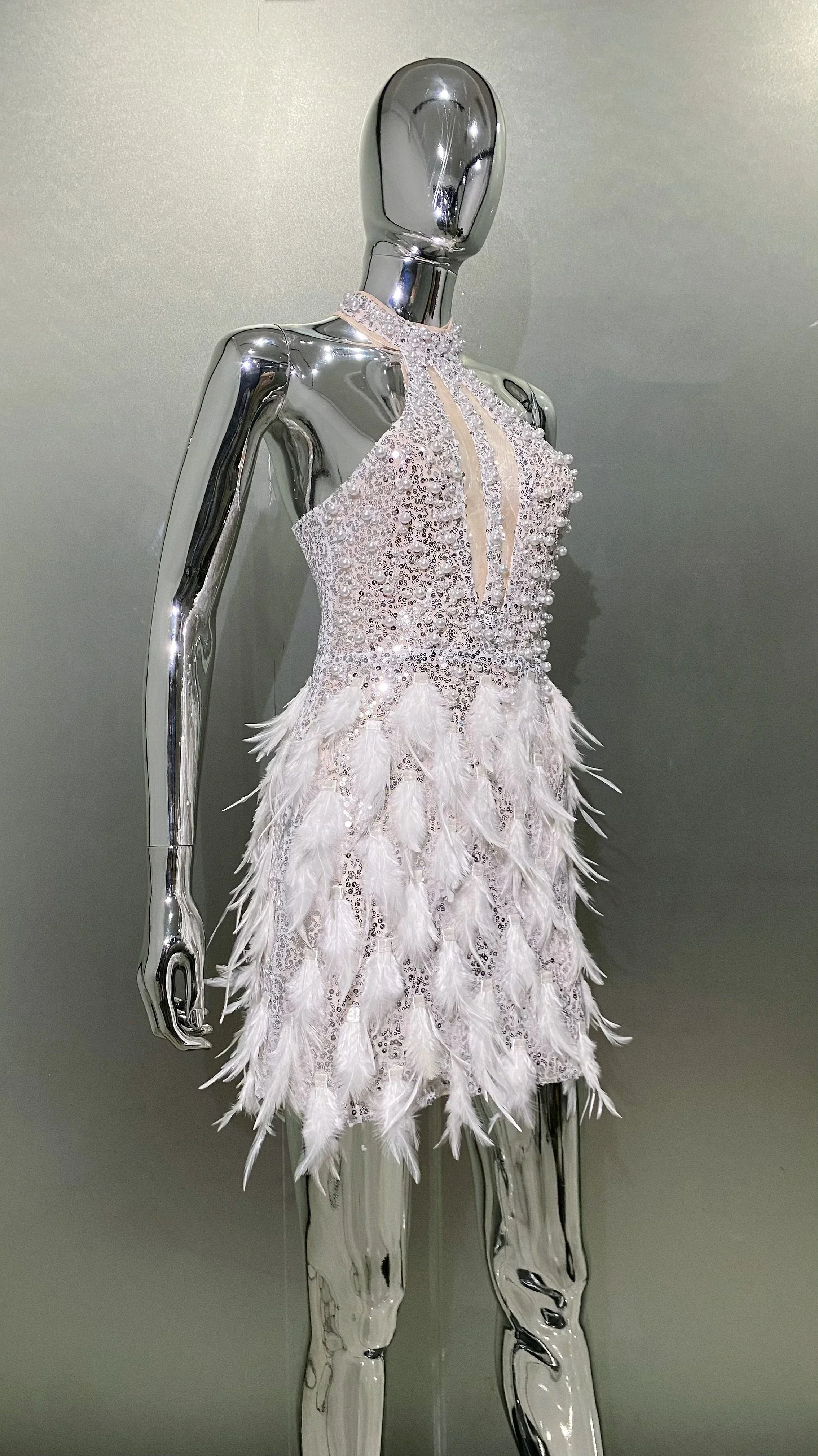 Gorgeous Feathers Beading High Slit Strapless Long Dress Woman Evening Dress Celebrity Birthday Party Outfit - Image 3