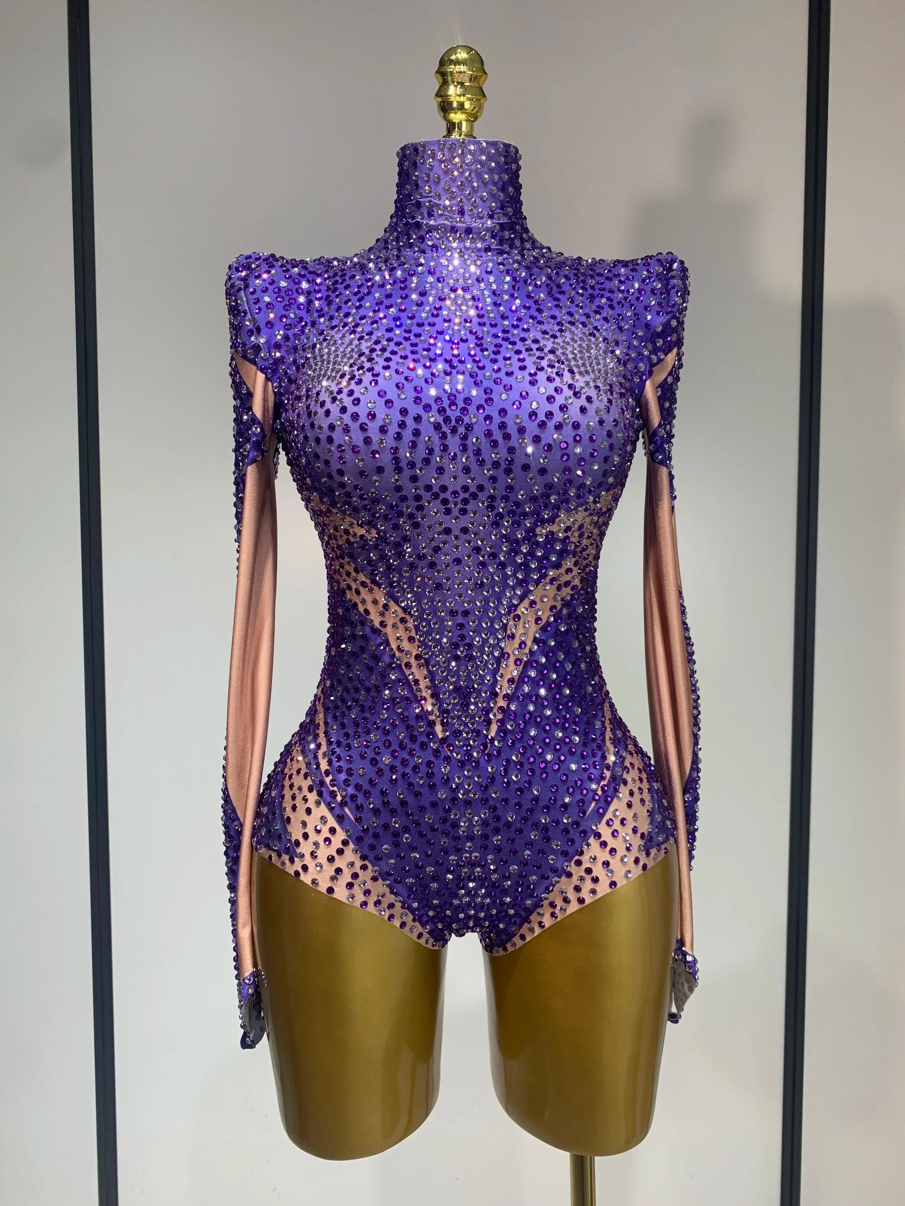 Luxury Rhinestone Elastic Long Sleeved Bodysuit Club Singer Dancer Stage Performa Costume Evening Party Outfit