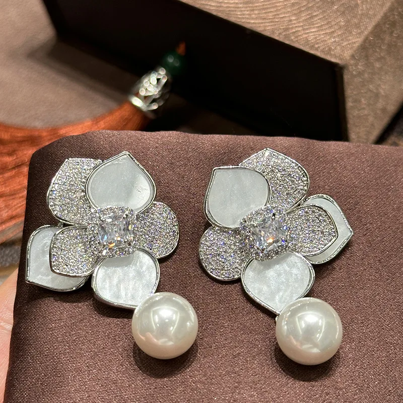 High Quality Pearl Zircon Bridal Earrings Flower CZ Zirconia Wedding Earring For Women Bride Accessories Birthday Gifts Jewelry - Image 3