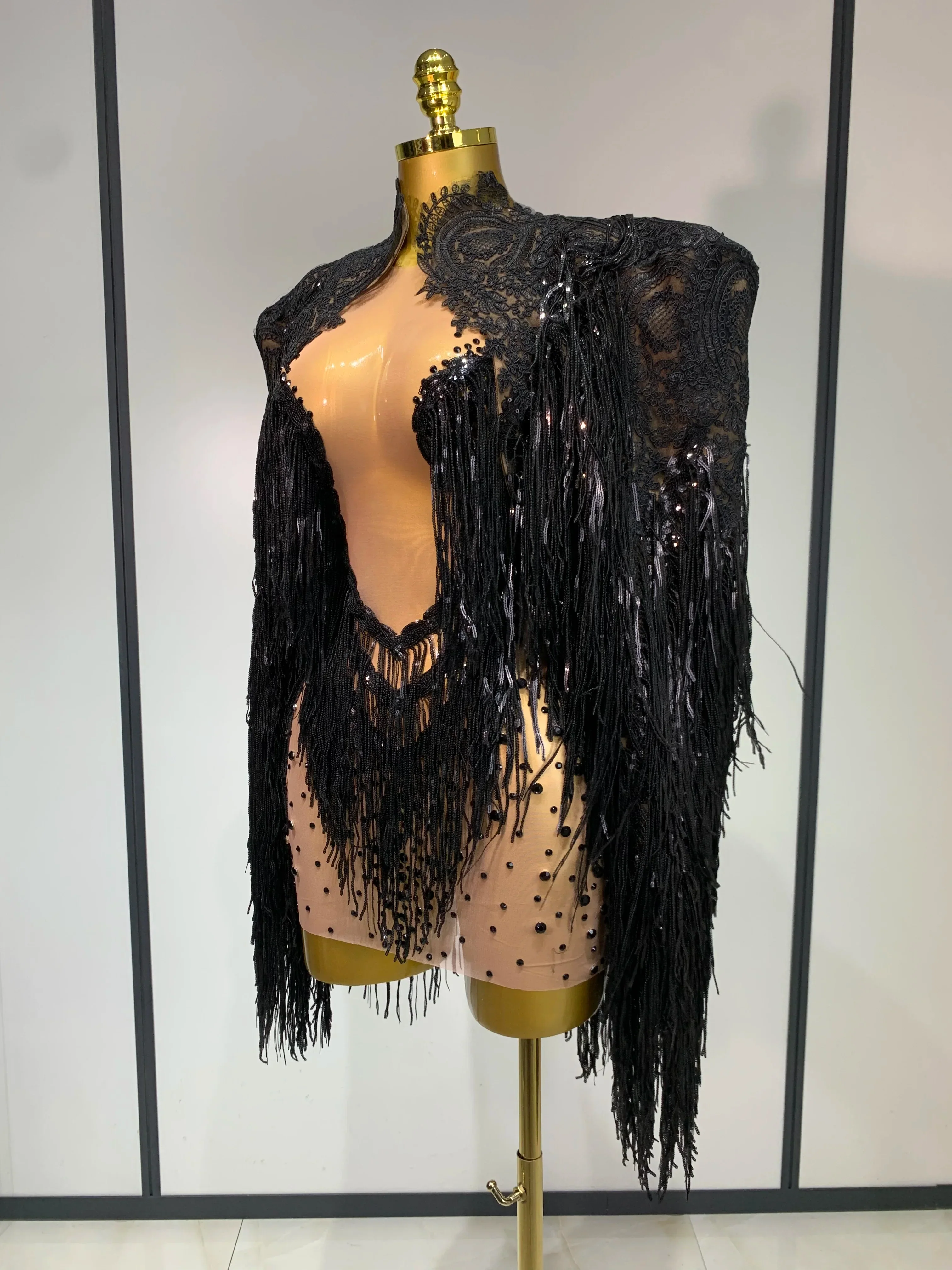 Rhinestones Tassels Mini Dress Suit Luxury Women Sexy See Through Mesh Party Club Dresses Performance Stage Outfit - Image 2