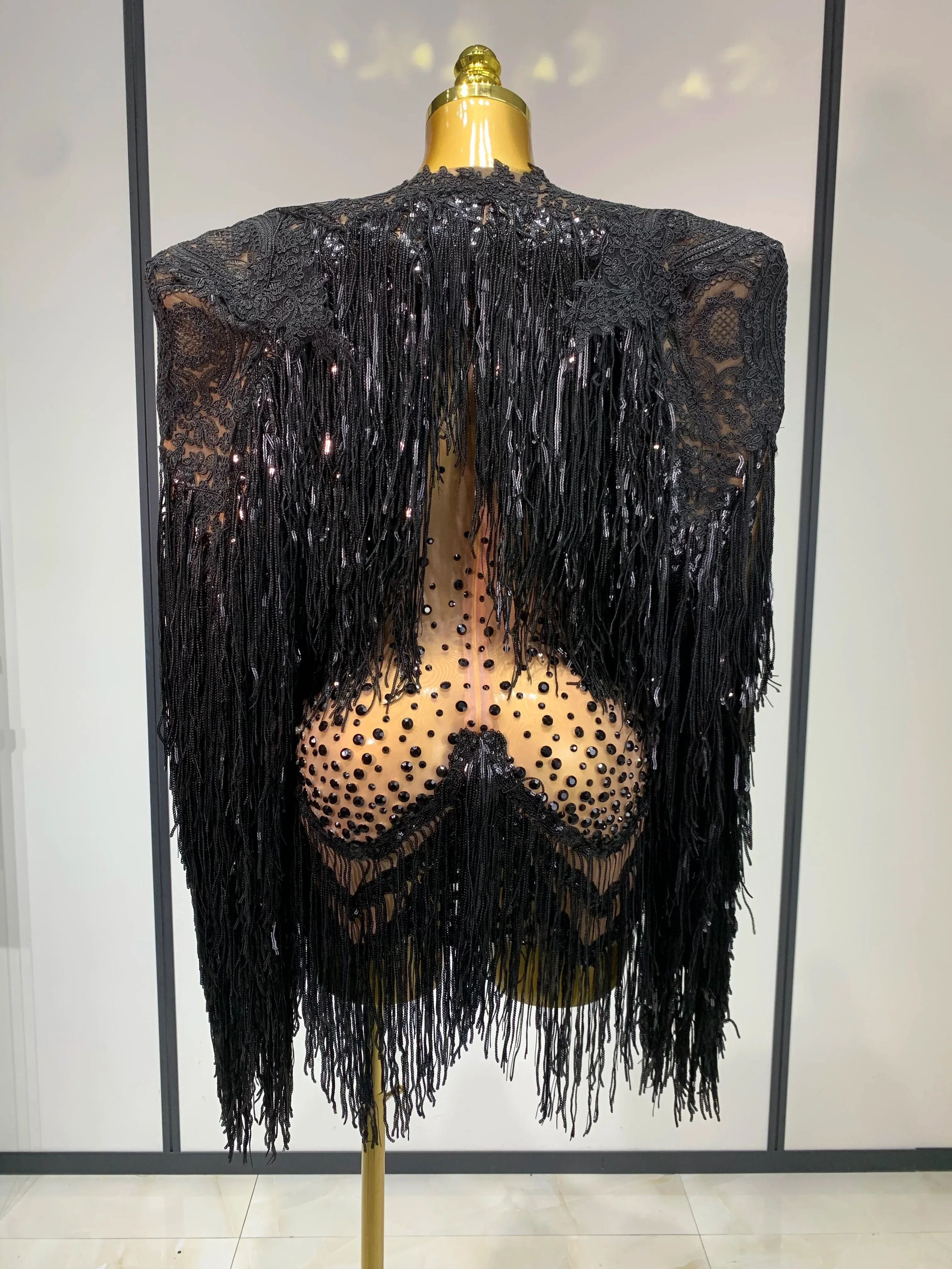 Rhinestones Tassels Mini Dress Suit Luxury Women Sexy See Through Mesh Party Club Dresses Performance Stage Outfit - Image 3