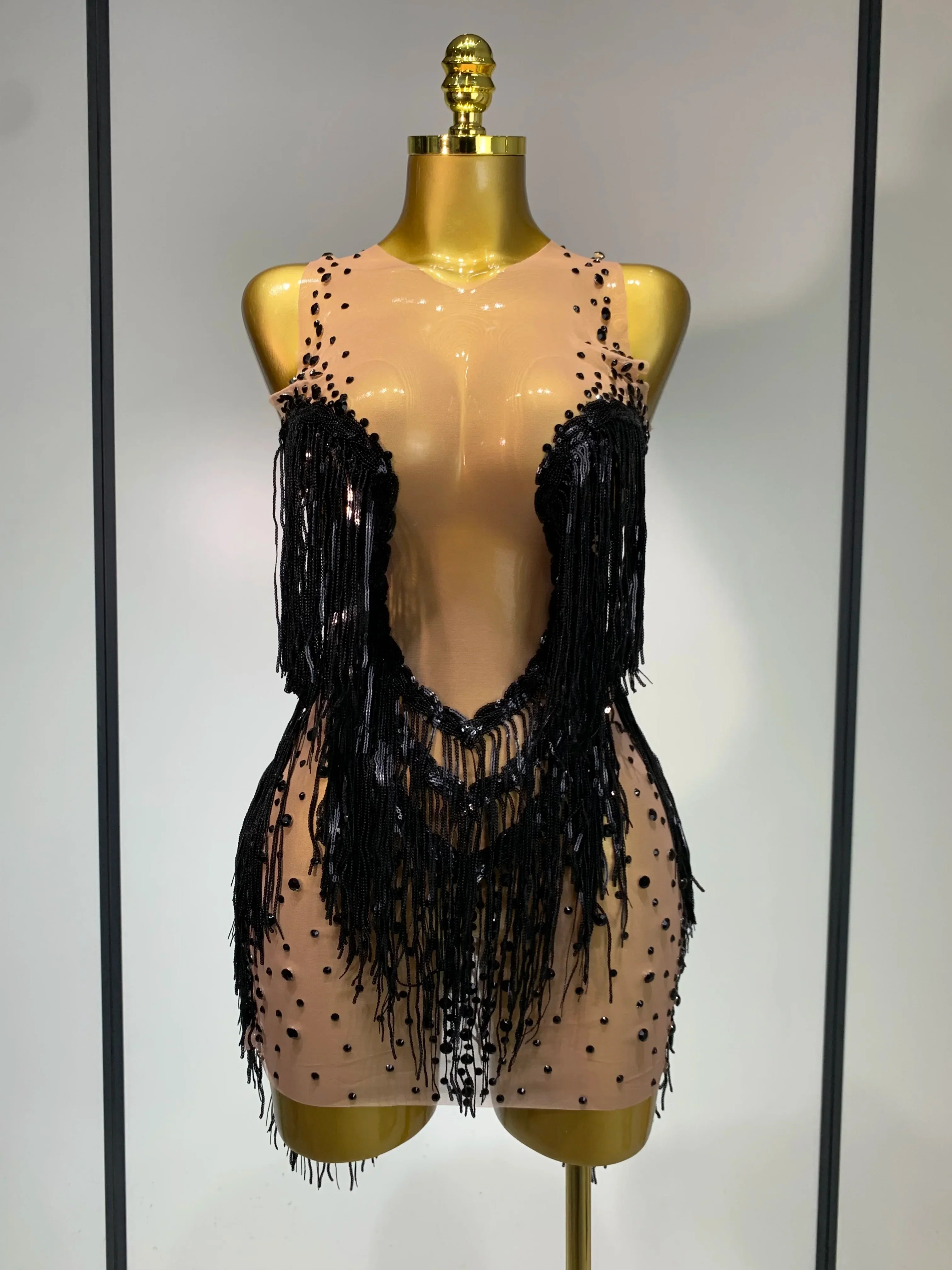 Rhinestones Tassels Mini Dress Suit Luxury Women Sexy See Through Mesh Party Club Dresses Performance Stage Outfit - Image 5