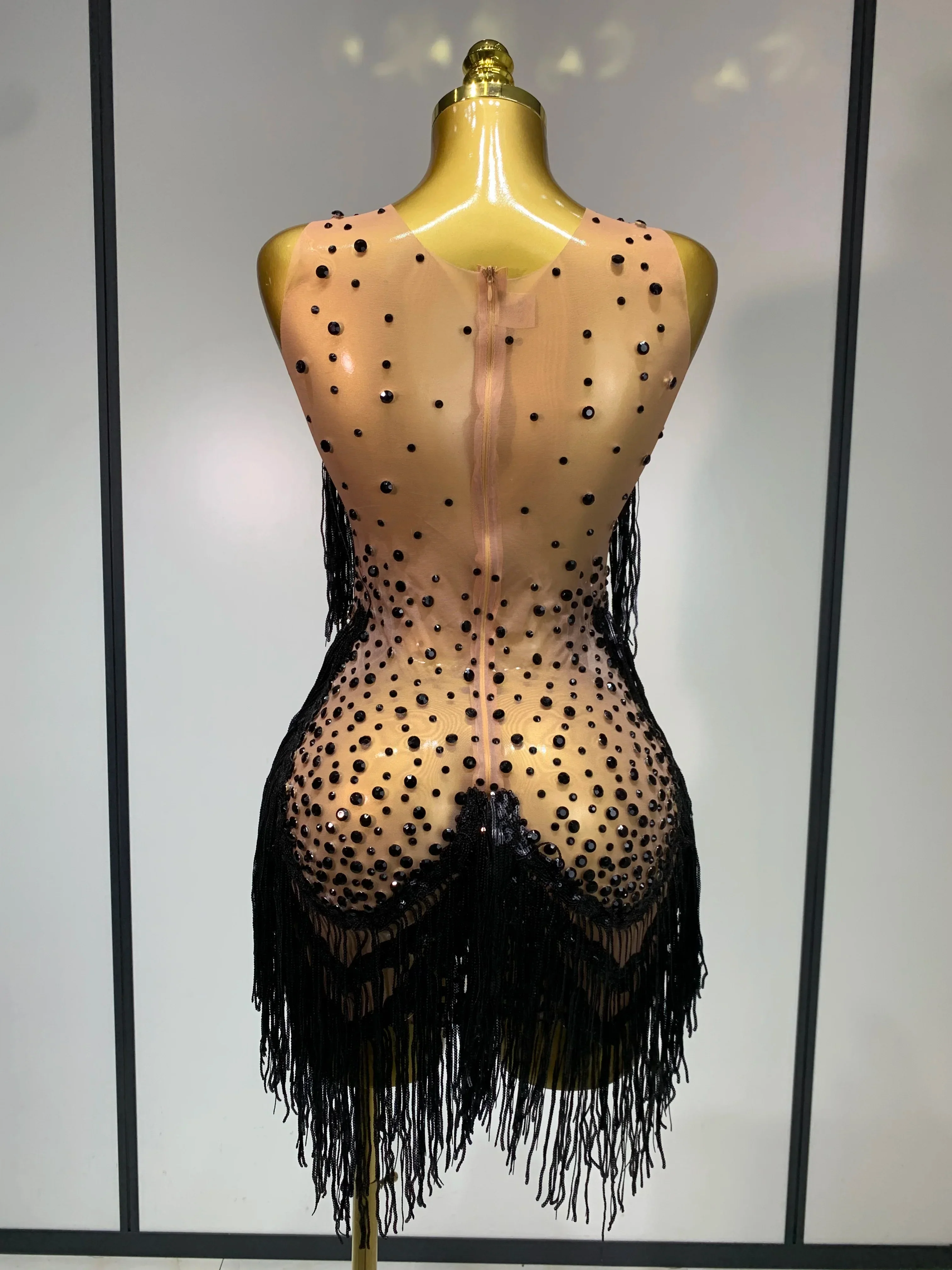 Rhinestones Tassels Mini Dress Suit Luxury Women Sexy See Through Mesh Party Club Dresses Performance Stage Outfit - Image 6