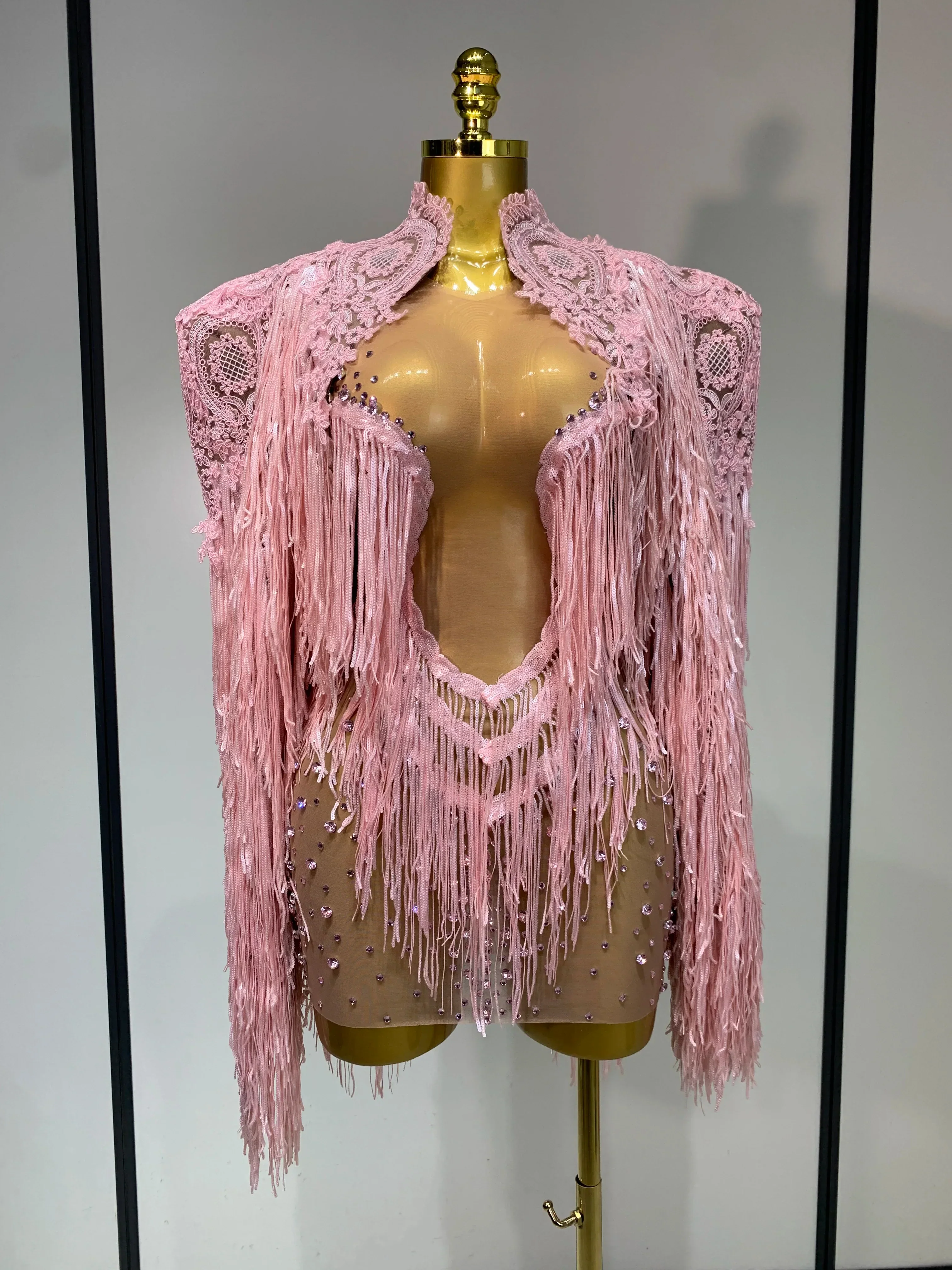 Rhinestones Tassels Mini Dress Suit Luxury Women Sexy See Through Mesh Party Club Dresses Performance Stage Outfit - Image 7