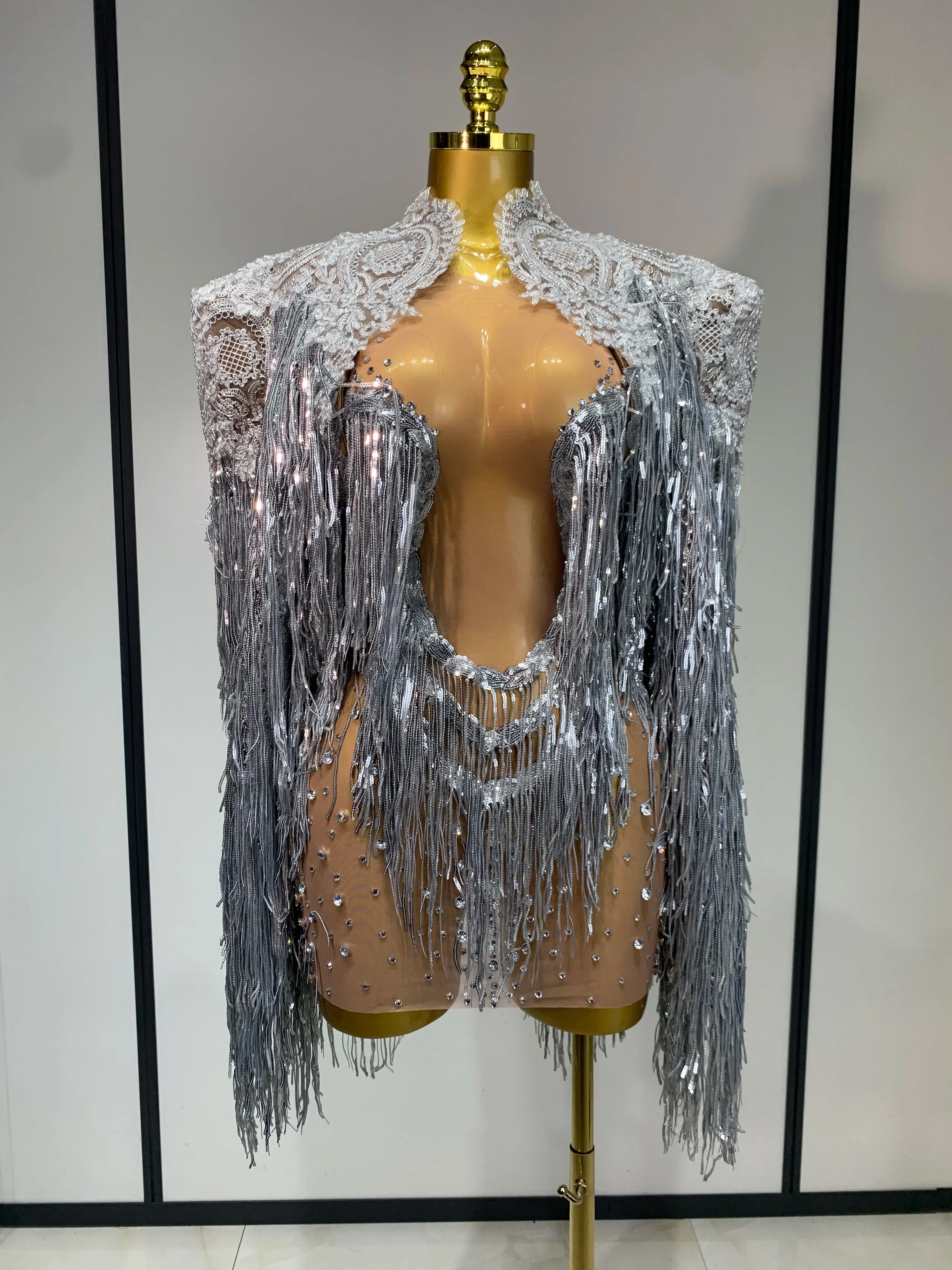 Rhinestones Tassels Mini Dress Suit Luxury Women Sexy See Through Mesh Party Club Dresses Performance Stage Outfit - Image 8