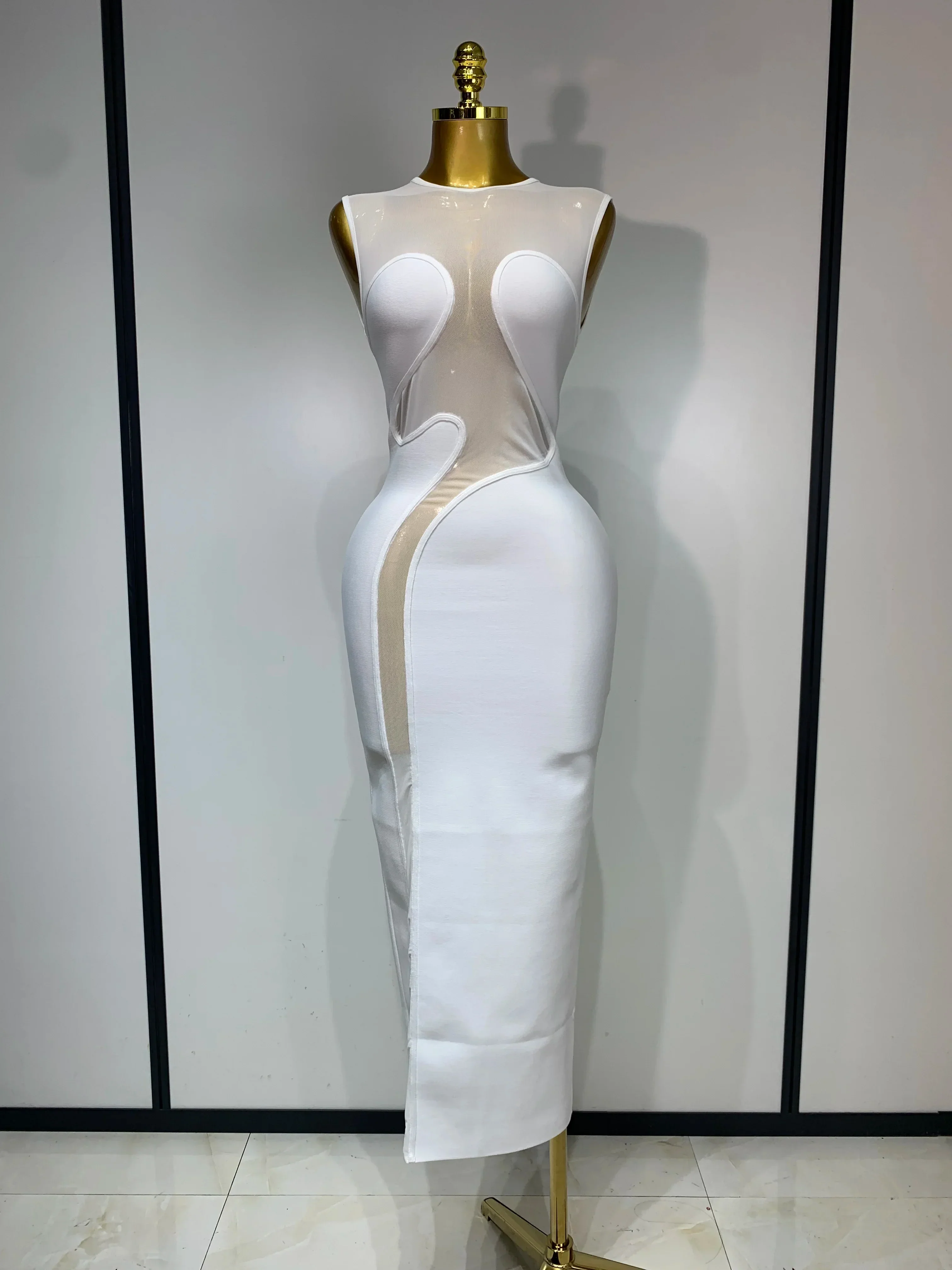 Sexy O Neck Mesh Bodycon Bandage Dress Evening Party Gown  Celebrity Elegant Luxury Birthday Club Dresses