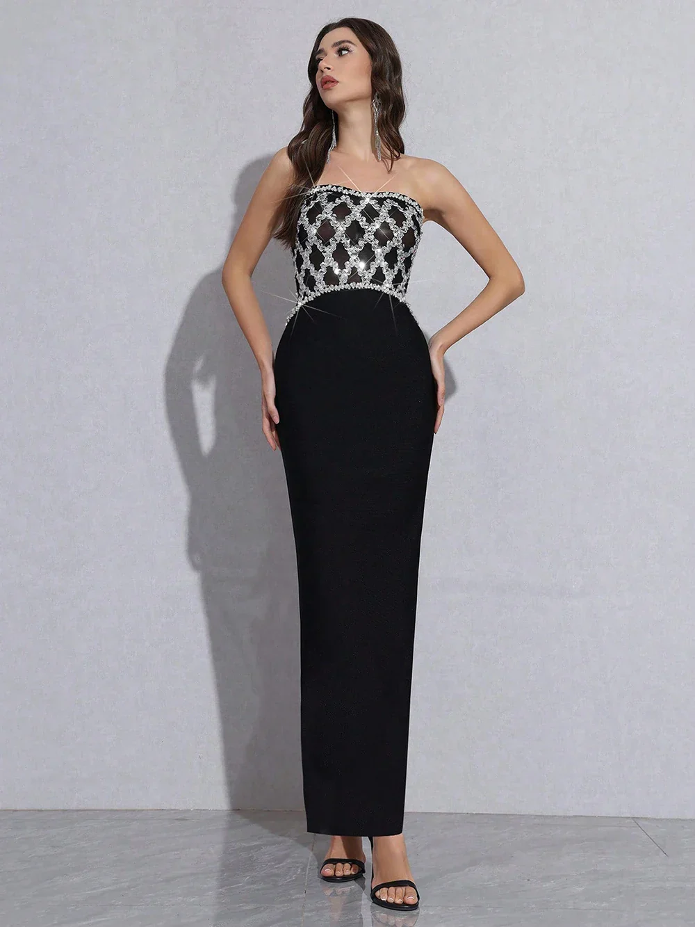 Sexy Strapless Diamond Sequin mesh Patchwork Bodycon Bandage Long Dress Women Fashion Celebrate Evening Party Gowns - Image 2